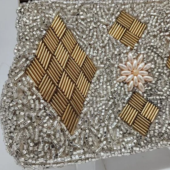 Vintage 1950's Silver Pearl Diamond Pattern Hand Beaded Evening Purse Clutch - Picture 2 of 12